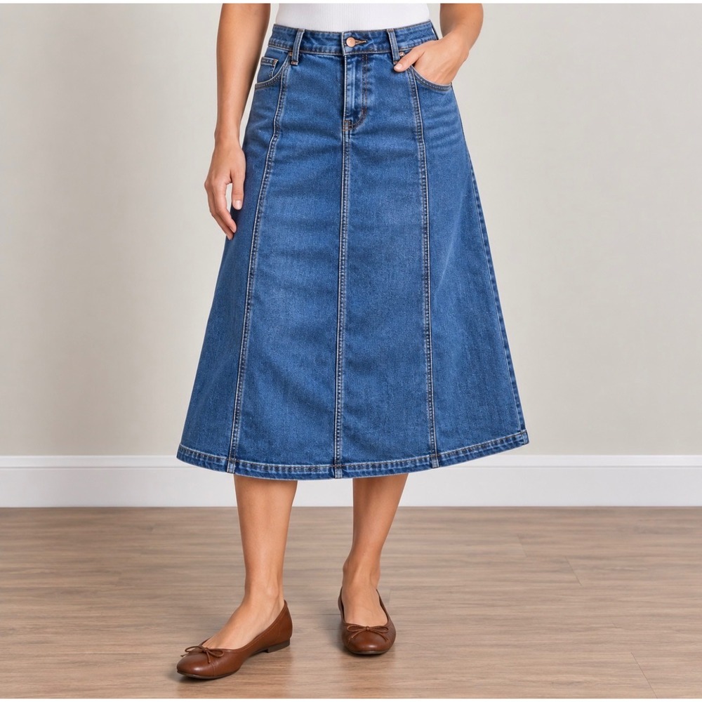 Talbots Denim A-Line Midi Skirt 10 Blue Good Paneled Stretch Pockets
